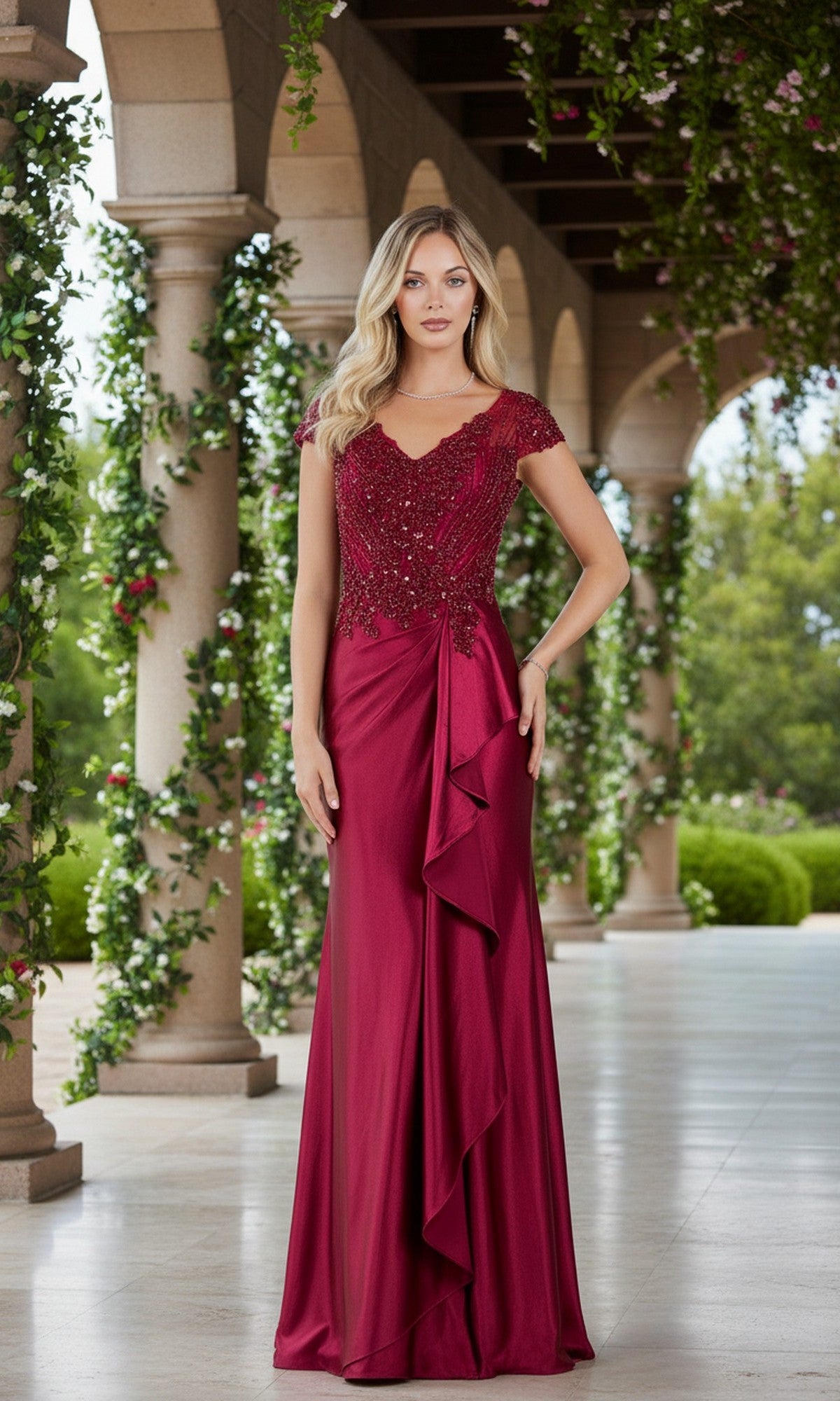 A woman stands outside by pillars and greenery, wearing the wine-colored Long Formal Dress: Cinderella Couture 8513M, featuring a v-neckline, short sleeves, beaded detailing, and a draped satin floor-length skirt.